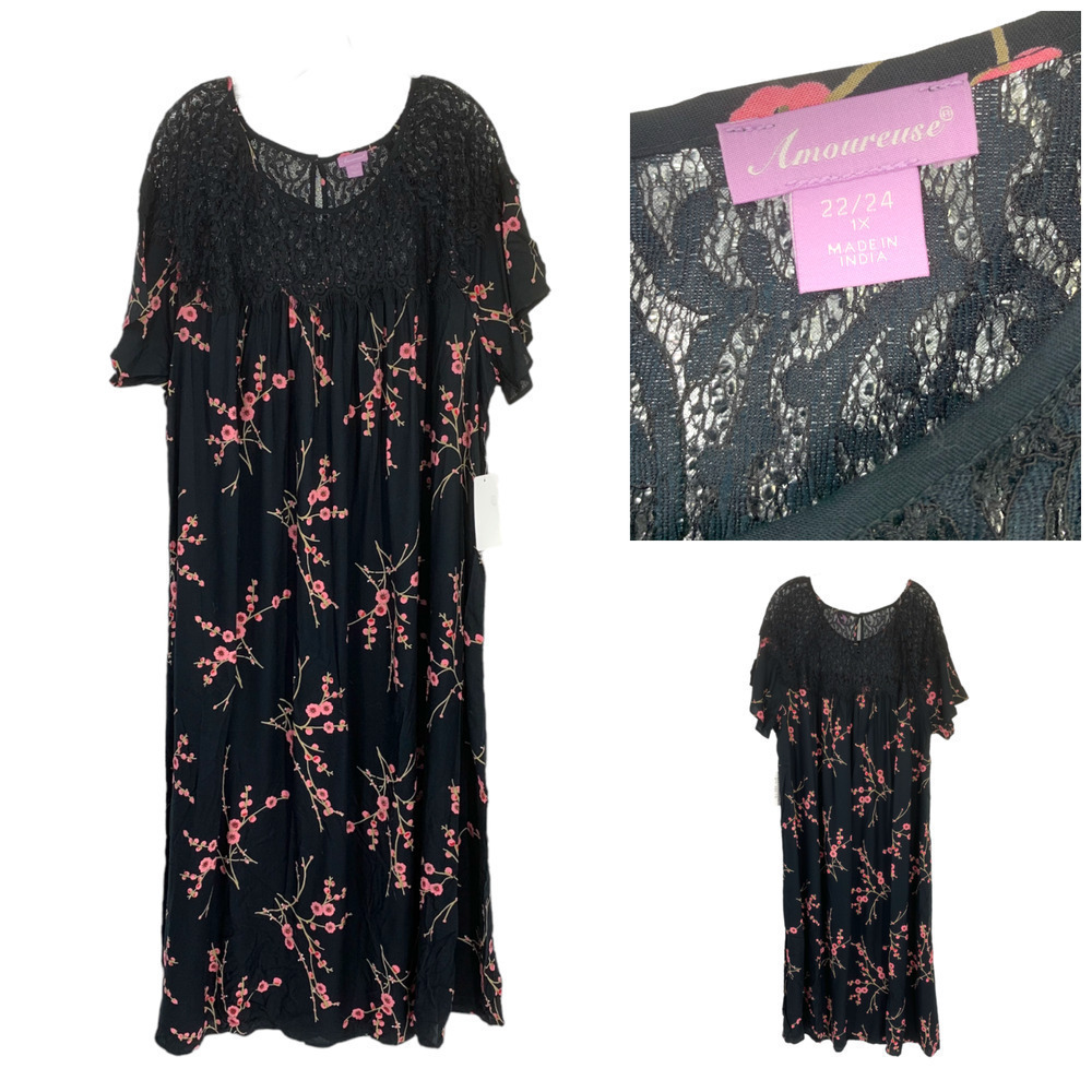 New Amoureuse Plus Sz 22/24 1X Black Floral Nightgown Gown Full Length NWT